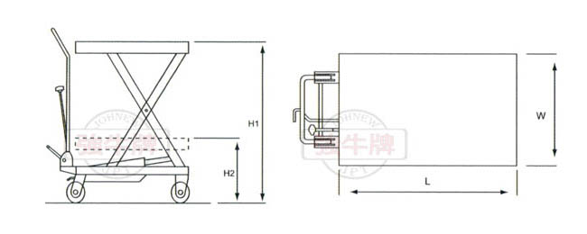 強牛牌TF304不鏽鋼升降台車尺寸示意圖
