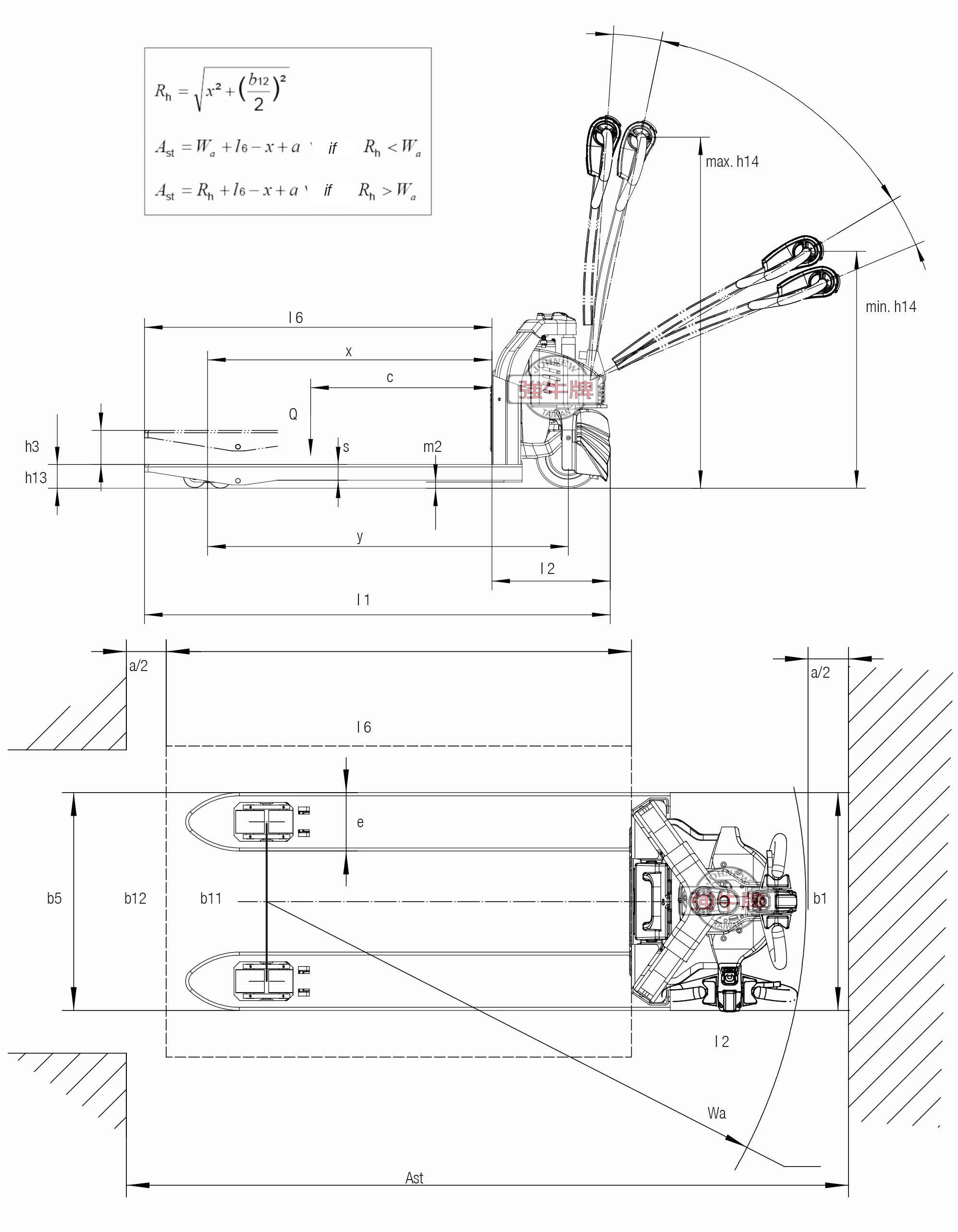 電動拖板車尺寸規格標示 協牛 強牛牌 JPG-12 羽量型鋰電池全電動拖板車