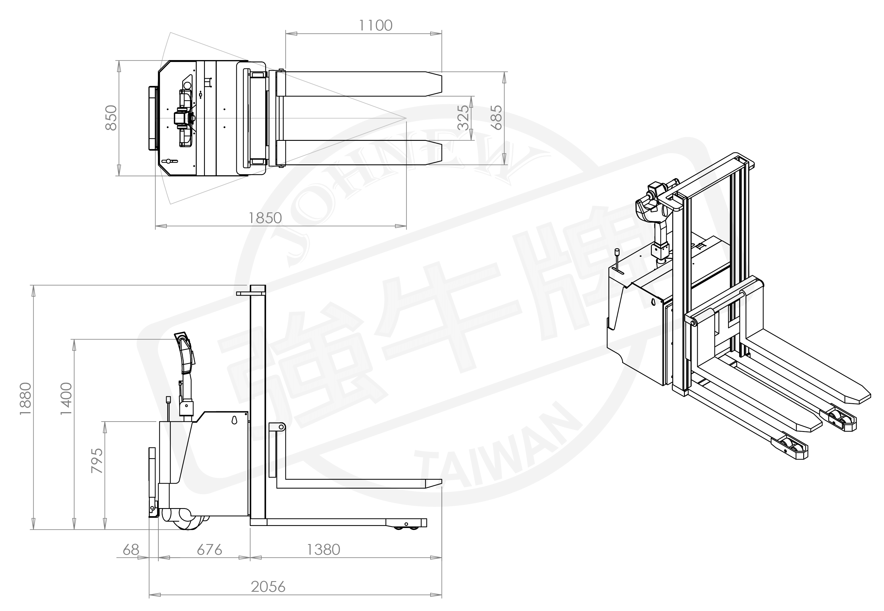 強牛牌JPLS電動堆高機尺寸規格圖示