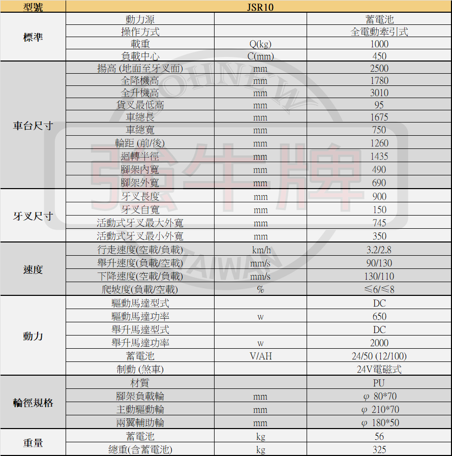協牛 強牛牌 JSR自走牽引式全店東堆高機規格表