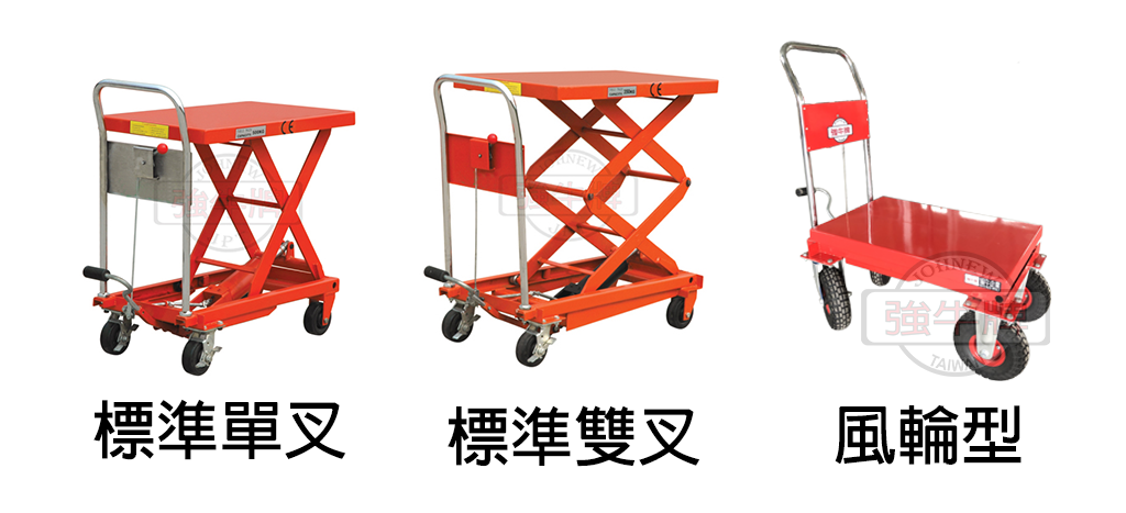 強牛牌油壓升降台車輪子差異規格圖